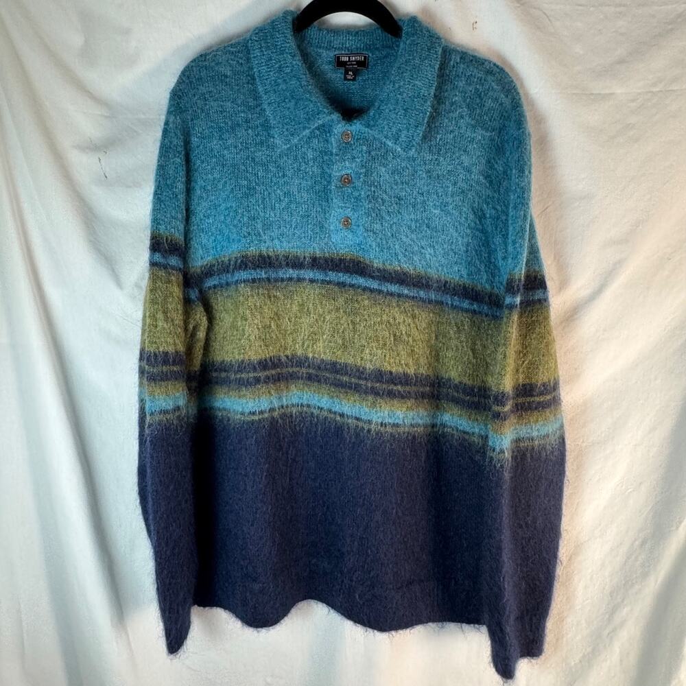 Todd Snyder Men's Relaxed Blue & Green Striped Mohair, Wool Collared Sweater XL